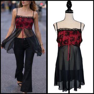 NWT Vtg 90s Private Luxuries Red Black Lace Flyaway Babydoll Lingerie Shee Top M
